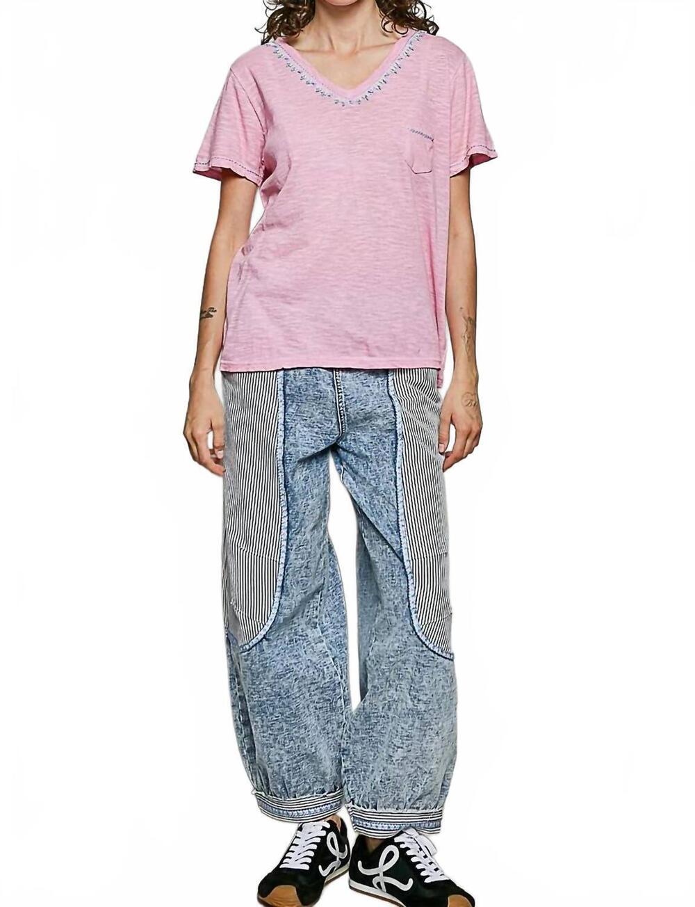 NEW POL hand-stitched detail slub cotton tee in pink